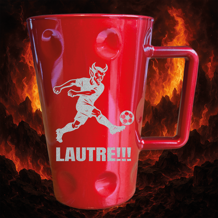 Rote Tasse „LAUTRE!!!“ mit Teufel-Motiv – Pfälzer Fanartikel