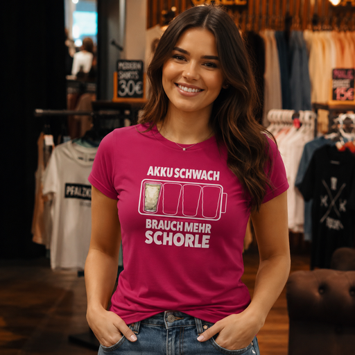 Damen Pfalz T-Shirt "akku schwach brauch mehr schorle"