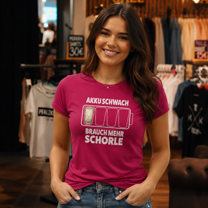 Damen Pfalz T-Shirt "akku schwach brauch mehr schorle"