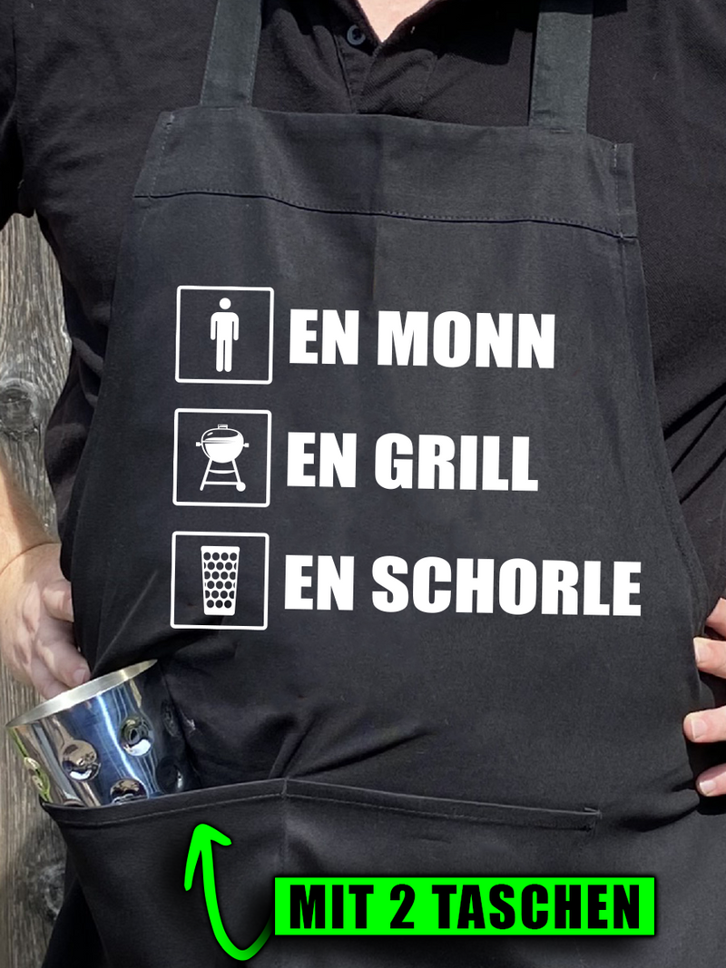 lustige Pfälzer Grillschürze für Männer - EN MONN EN GRILL EN SCHORLE- Geschenke für Männer - PFÄLZISCH.com