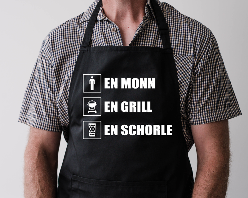 lustige Pfälzer Grillschürze für Männer - EN MONN EN GRILL EN SCHORLE- Geschenke für Männer - PFÄLZISCH.com