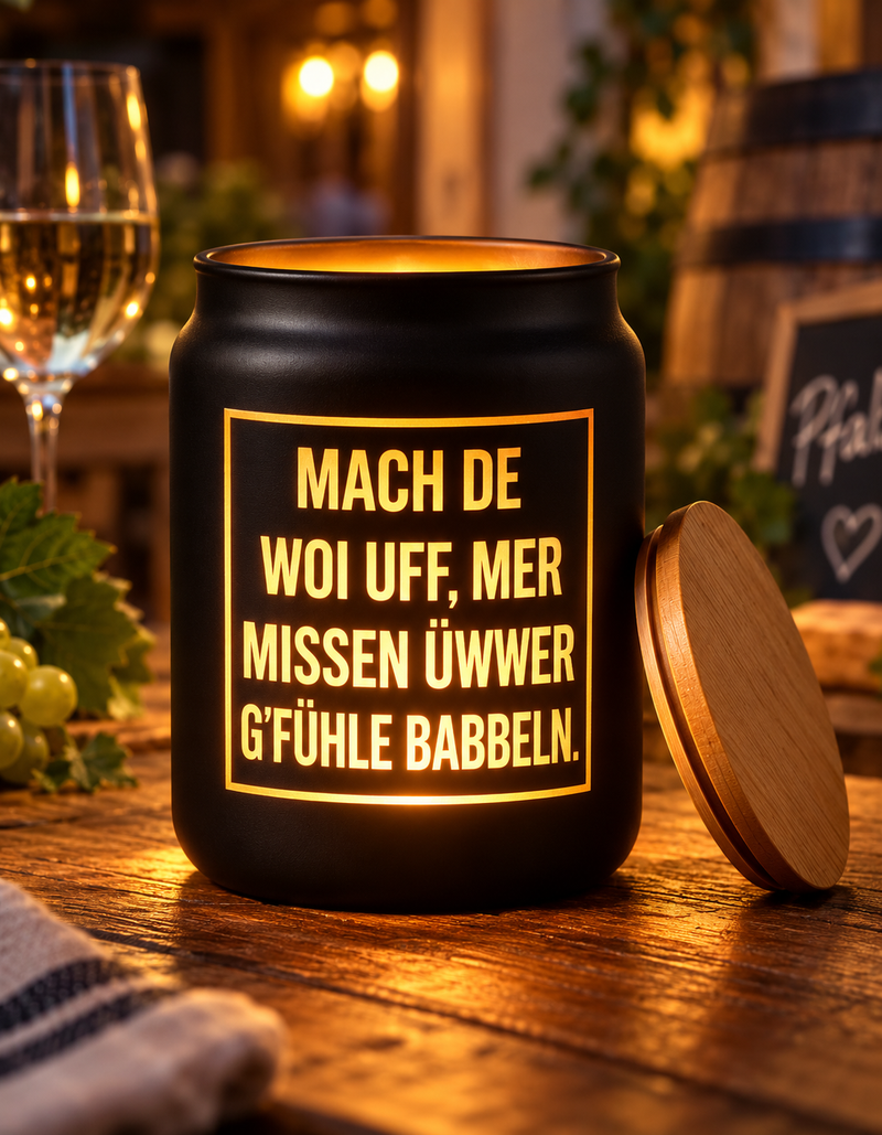 Mach de Woi uff - 1 Liter Glas Pfalzleuchte - PFÄLZISCH.com