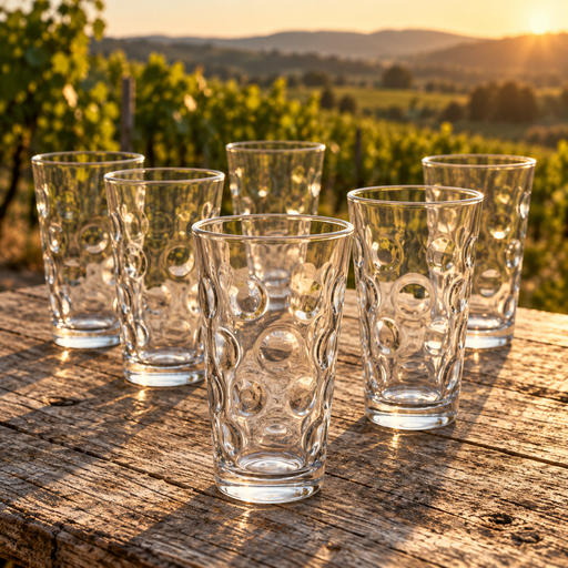 6 Pfälzer Dubbegläser auf einem Holztisch im Weinberg