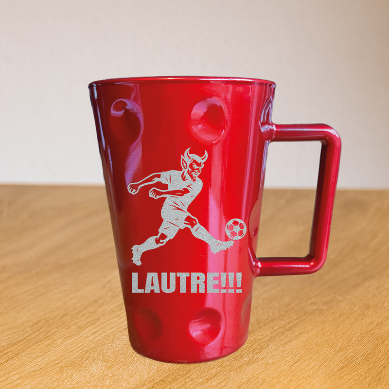 Rote Tasse „LAUTRE!!!“ mit Teufel-Motiv – Pfälzer Fanartikel - PFÄLZISCH.com
