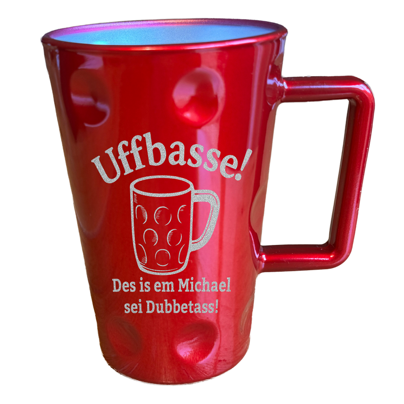 Personalisierte Pfälzer Tasse „Uffbasse! Des is em ... sei Dubbetass!“ – Geschenk mit Namen - PFÄLZISCH.com