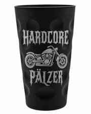 Mattschwarzes HARDCORE PÄLZER Dubbeglas mit silberfarbener Motorradgravur