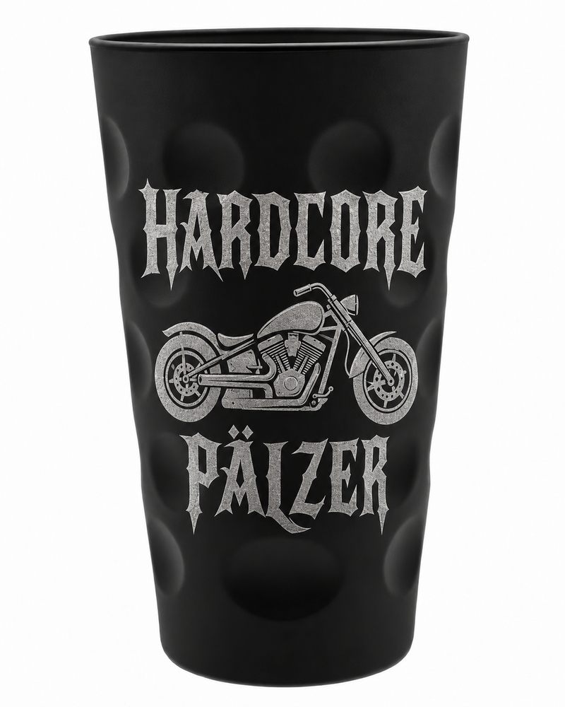 Mattschwarzes HARDCORE PÄLZER Dubbeglas mit silberfarbener Motorradgravur