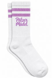 Weiße Pälzer Mädel Tennissocken als Paar mit zwei fliederfarbenen Streifen und Schriftzug