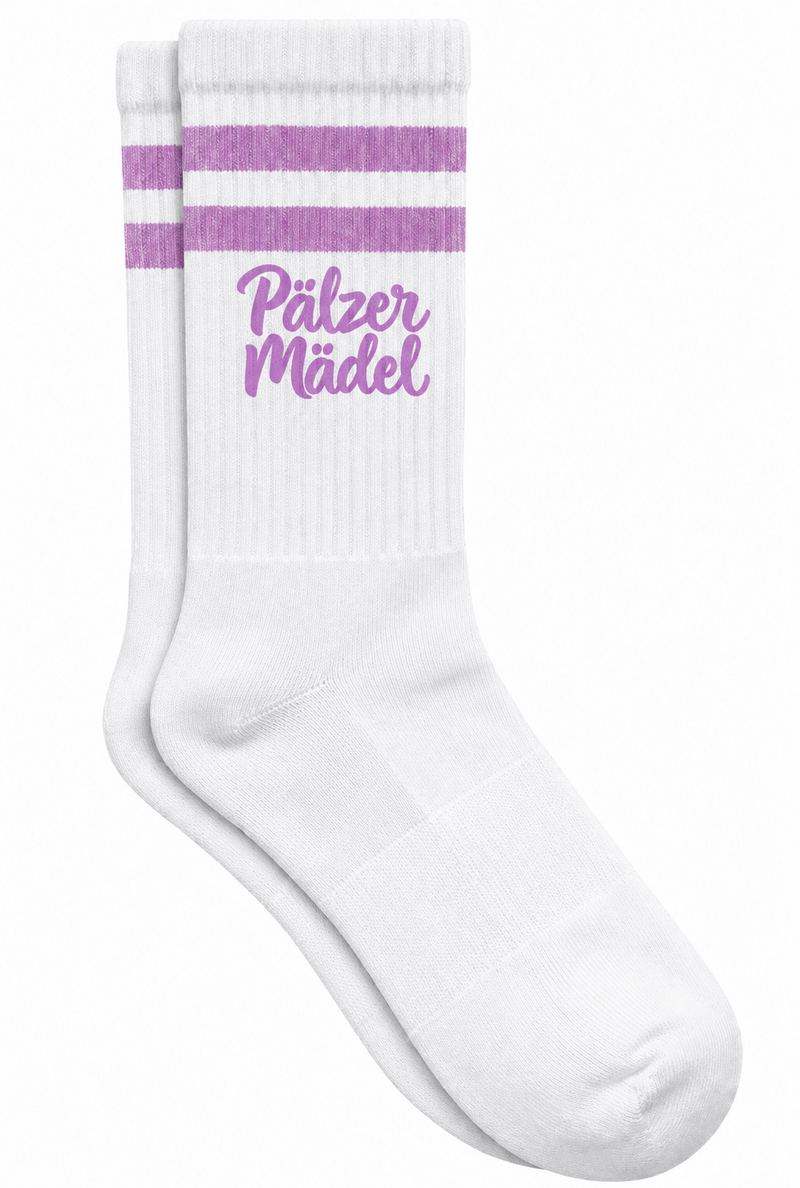 Weiße Pälzer Mädel Tennissocken als Paar mit zwei fliederfarbenen Streifen und Schriftzug