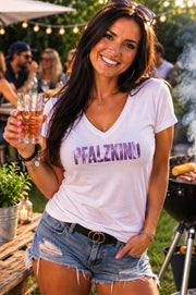 PFALZKIND Damen V-Ausschnitt Shirt in Weiß mit lila Glitzerfolie