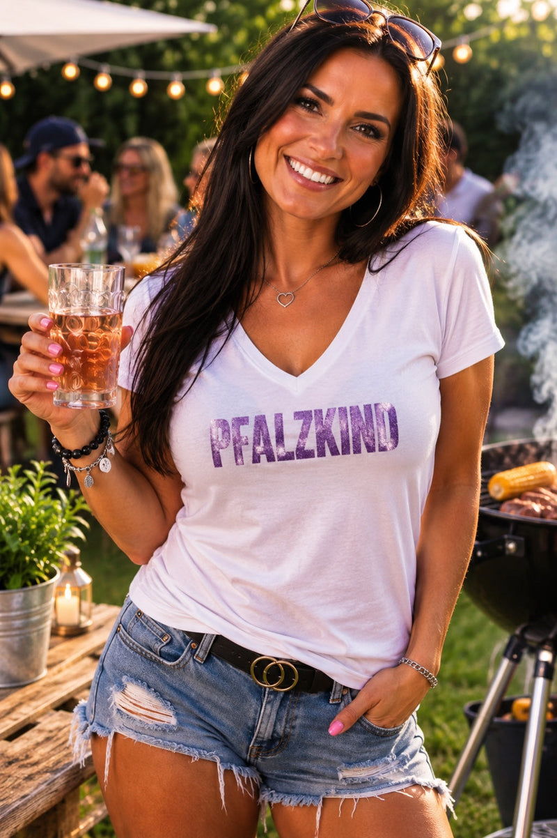 PFALZKIND Damen V-Ausschnitt Shirt in Weiß mit lila Glitzerfolie