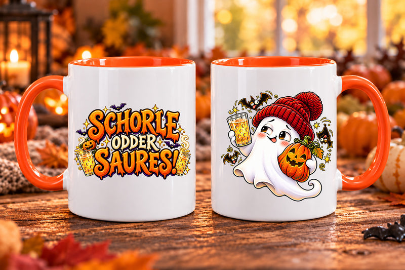 Schorle odder Saures Halloween Tasse mit Pfälzer Spruch und Geist – beide Motivseiten