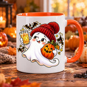 Halloween Tasse mit Geist, Dubbeglas, Kürbis und lustigen Fledermäusen