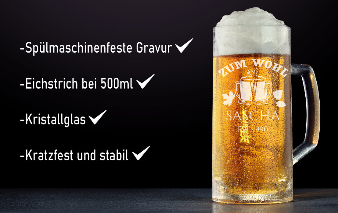 Bierkrug Geschenk - Zum Wohl - graviert mit Name und Alter