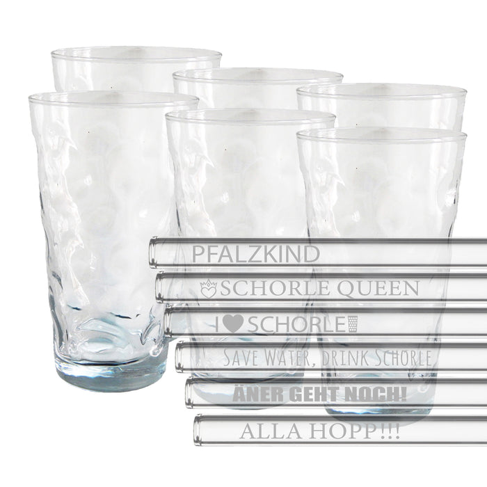 Dubbeglas - Glastrinkhalme 6er Pack optimal für Dubbegläser(mit Gravur 6 verschiedene Motive)